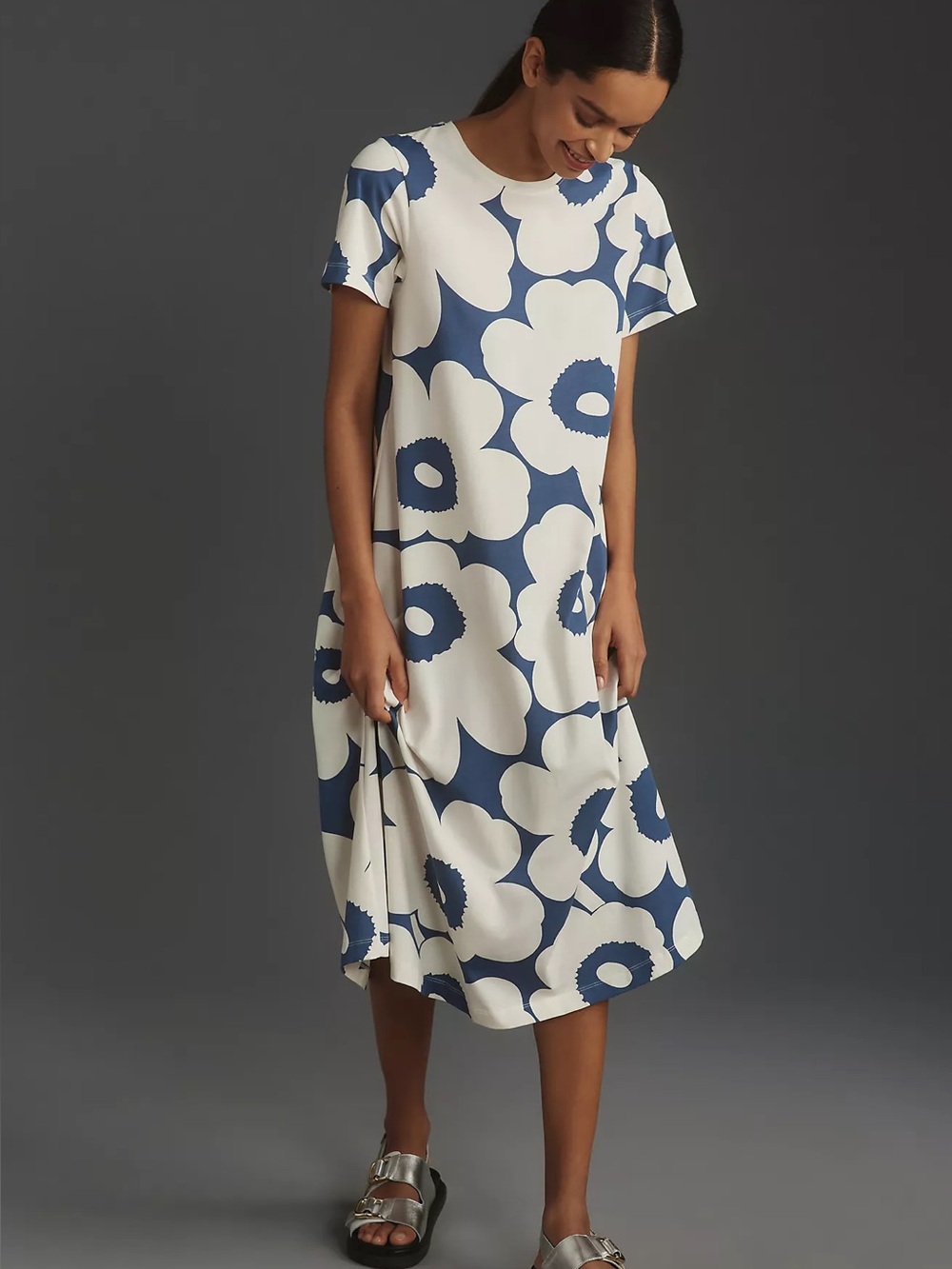 Marimekko Pisteinen Unikko Jersey Midi Dress Blue Floral Poppy Large